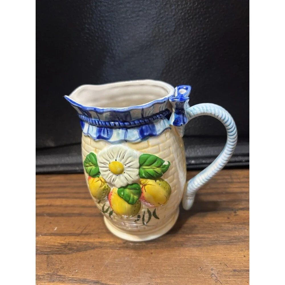 Panware Home Essentials Ceramic Lemon Pitcher Basketweave Creamer Tuscan Style